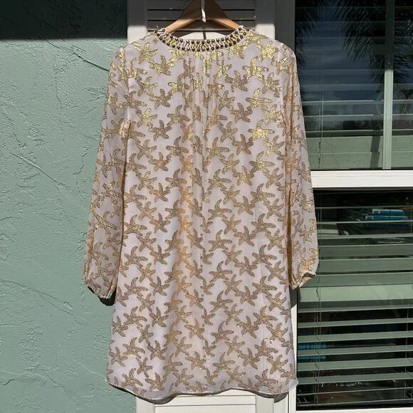 Lilly Pulitzer Colby Silk Tunic Dress White Gold Starfish